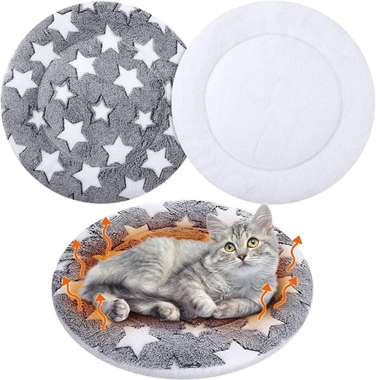 VitalCozy 2 Pack Self Heating Cat Pad Self Heating Cat Bed Machine Washable Heat Pet Mat Reversible Body Thermal Warm Round Dog Bed Crate Blanket for Feral and Indoor Cats(16'',Large Star)