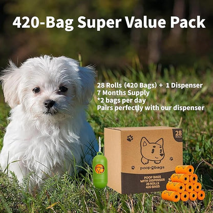 Dog Poop Bags Rolls With Dispenser, Strong and Leak-proof Waste Bags for Pets, Floral Scented, 420 Count (28 Packs of 15), 13 Inch x 9 Inch (Orange)