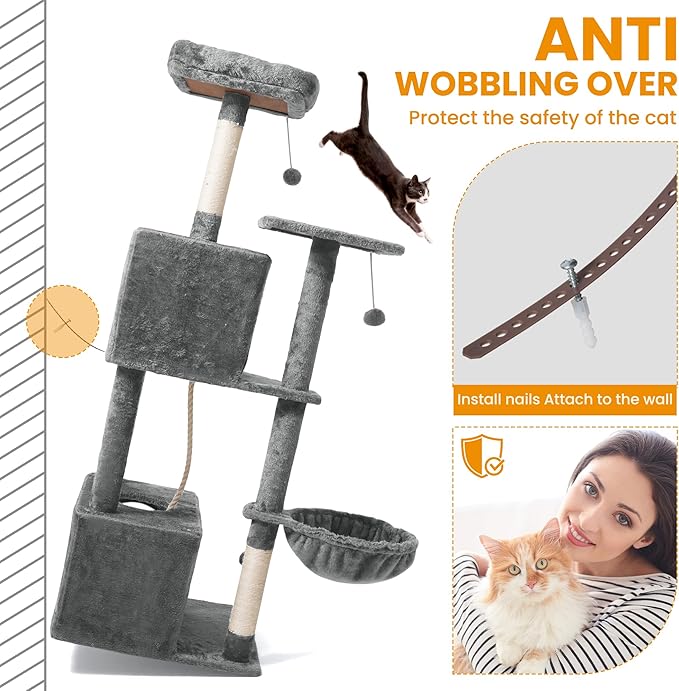 Cat Tree, 54-Inch Cat Tower for Indoor Cats, Soft Plush Multi-Level Climbing Cat Condo with Scratching Posts, Basket, Perches,2 Caves,2 Pompoms Play House for Cat(Gray)