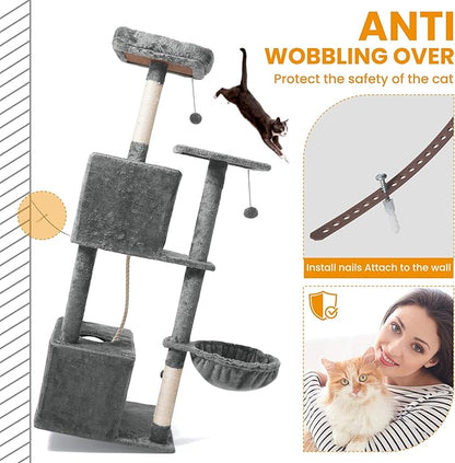 Cat Tree, 54-Inch Cat Tower for Indoor Cats, Soft Plush Multi-Level Climbing Cat Condo with Scratching Posts, Basket, Perches,2 Caves,2 Pompoms Play House for Cat(Gray)