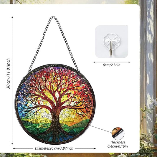 Tree of Life Sun Catchers Stain Glass Window Hanging Indoor, 7.8″ Stained Glass Window Hanging Home Decor, Suncatcher Wall Art Gift for Women Thanksgiving Christmas Housewarming