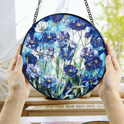 Cornflower Blue Suncatcher for Window and Garden - 7.8 in Handmade Stained Glass Suncatcher for Outdoor Decor, Rainbow Maker Gift for Mom, Housewarming, Birthday, Christmas - Home Decor