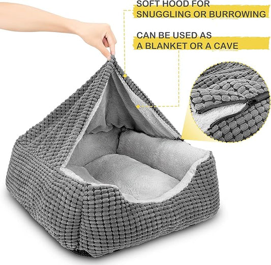 GASUR Dog Beds for Large Medium Small Dogs, Rectangle Cave Hooded Blanket Puppy Bed, Luxury Anti-Anxiety Orthopedic Cat Beds for Indoor Cats, Warmth and Machine Washable (35 inches, Grey)