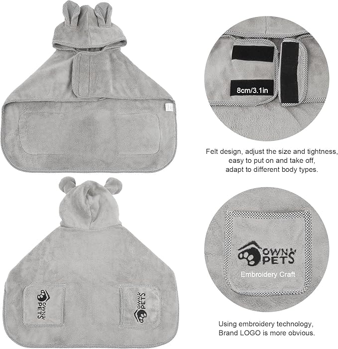 Ownpets Dog Bathrobe Towel, Super Absorbent Soft Dog Drying Coat with Cap & Pocket for Bathing & Beach Trips, Fast Drying & Machine-Washable for Small, Medium & Large Dogs (XS)