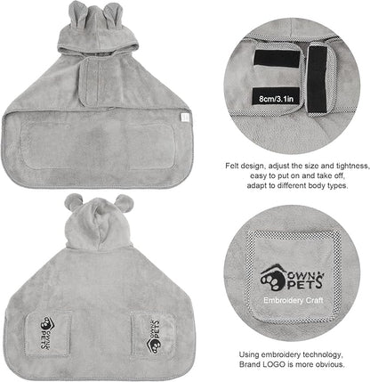 Ownpets Dog Bathrobe Towel, Super Absorbent Soft Dog Drying Coat with Cap & Pocket for Bathing & Beach Trips, Fast Drying & Machine-Washable for Small, Medium & Large Dogs (XS)