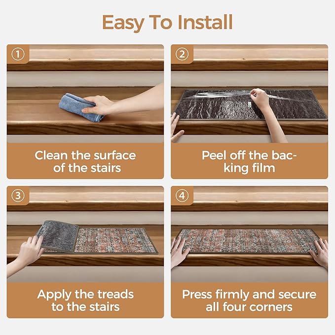 Carpet Stair Treads Non Slip 15PCS, 8" X 30" Edging Stair Runner for Wooden Steps Indoor, Resistant Stair Rug with Reusable TPE Adhesive Backing, Residue Free Mat for Elders, Pets, Terracotta