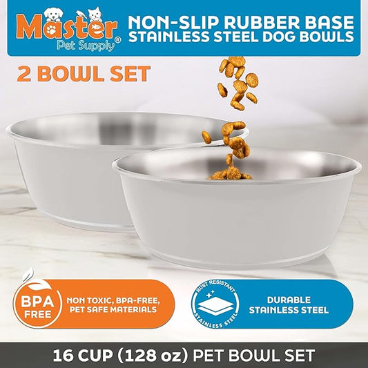 Master Pet Supply Stainless Steel Dog Bowls Set of 2 (128 Oz Each) with Non-Slip Rubber Base - Bone White - Basic Dog Food Bowl Water & Food Bowls for Small Medium Large Dogs & Cats, Metal Dish