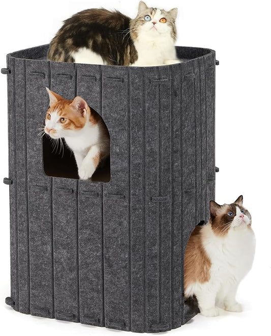 FUKUMARU Cat House for Indoor Cats, 23.62 Inch Large Cat Bed Cave Condo, 2-Storey Cozy Felt Covered Cats Tunnel Kitten Hideaway for Multicats, Scratch Resistant, Dark Grey