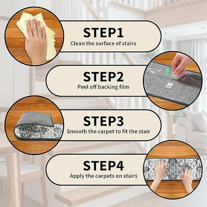 Non-Slip Carpet Stair Treads 15PCS, 8"x30" Peel and Stick Stair Runner for Wooden Steps Indoor, Washable Reusable Adhesive Backing, Pet-Friendly Safety Mats for Kids, Elders, Dogs