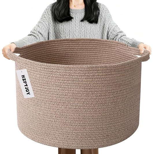 90L Large Blanket Basket,21.7"L x 21.7"W x 13.8"H Rope Woven Baskets with Handles, Toys Storage Bins,Laundry Basket Perfect for Living Room, Nursery,Bedroom,Home Organization,Brown
