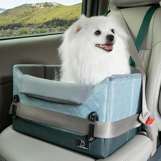 A 4 Pet Dog Car Seats for Small Dogs Under 25lbs – Safety Travel Booster Seat with Patent Buckles, Adjustable Leash – Reduces Anxiety & Road Trips – Frame Support for Cars, SUV, Pickup