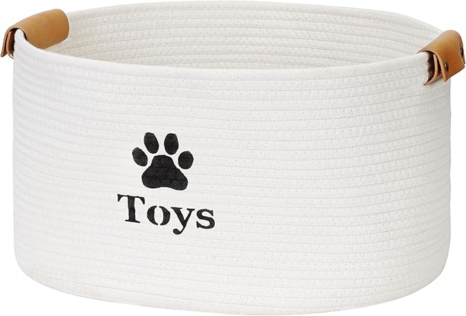 Dog Toy Basket, Quality Cotton Rope Dog Toy Storage with Handles, Durable Dog Toy Bin Box for Organizing Pet Supplies, Pet Toys, Collars, Leashes & Accessories (Beige,13’’x9’’x7.5’’)