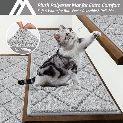 COSY HOMEER Edging Stair Treads Non-Slip Carpet Mat 28inX9in Indoor Stair Runners for Wooden Steps, Edging Stair Rugs for Kids and Dogs, 100% Polyester TPE Backing (4pc, Grey)