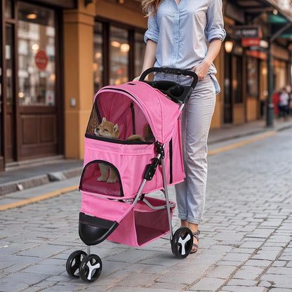 LEMY Foldable Pet Stroller,3 Wheels Cat/Dog Stroller with Weather Cover for Small/Medium Dogs and Cats,Pink Pet Strolling Cart with Storage Basket and Cup Holder