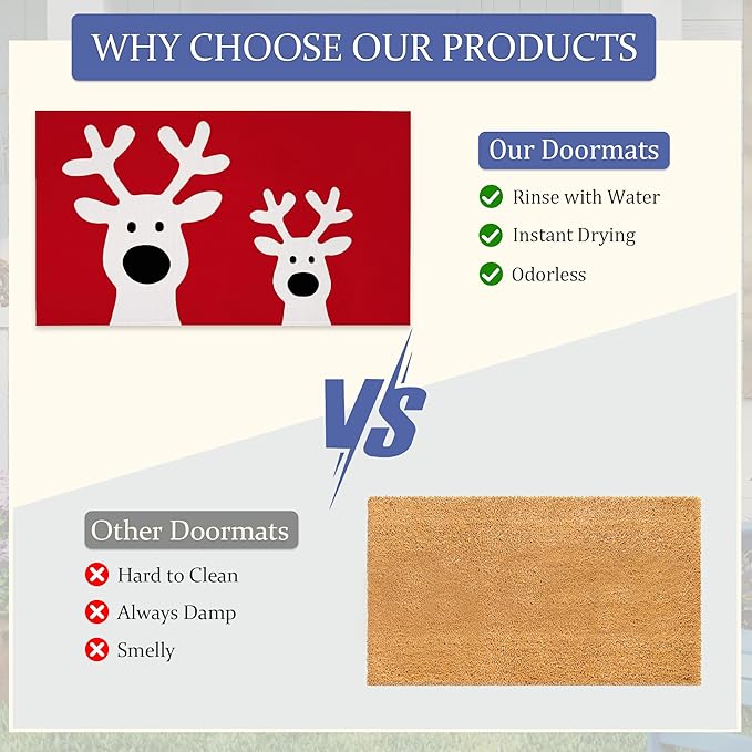 Cute Reindeer Front Door Mat,Anti-Slip Christmas Red Entrance Indoor Rug Mat,Low Profile Door Mat Entrance,Doormats for Home Kitchen Bedroom Porch, Hallways 30 x 17 Inch