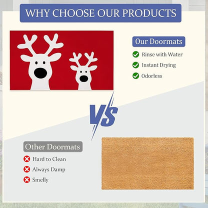 Cute Reindeer Front Door Mat,Anti-Slip Christmas Red Entrance Indoor Rug Mat,Low Profile Door Mat Entrance,Doormats for Home Kitchen Bedroom Porch, Hallways 30 x 17 Inch