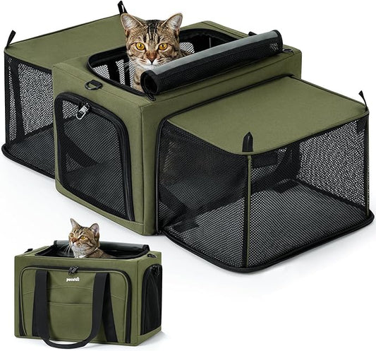 Pecute Cat Carrier Expandable, Stable Pet Carrier with 5mm Thick Steel Wire Frame, Dual-Side 200% Larger Space, Car Travel Carrier with Locking Zippers & Belt, Foldable for Storage,Green