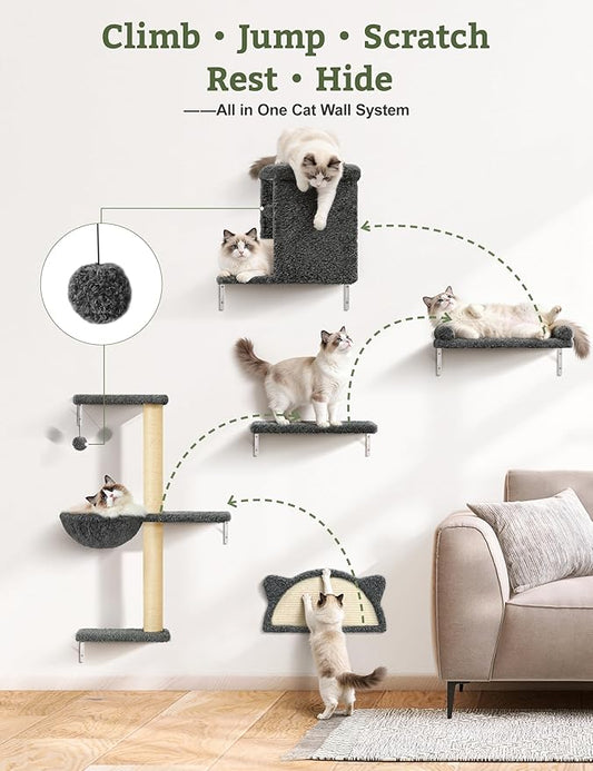 5-in-1 Cat Wall Shelves, Solid Wood & Velvet & Sisal Scratcher, 44lbs Max Load, Wall Mounted Cat Furniture for Climbers, Cat Climbing Wall System, Fits Drywall & Solid Walls - Dark Gray