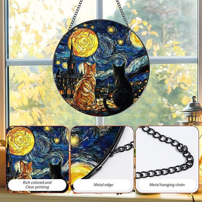 Stained Glass Window Hanging, 7.8″ Cat Oil Painting Sun Catchers with Hook Indoor Window Decor, Decorative Suncatchers Hanging Ornaments Home Garden Art Gift for Housewarming