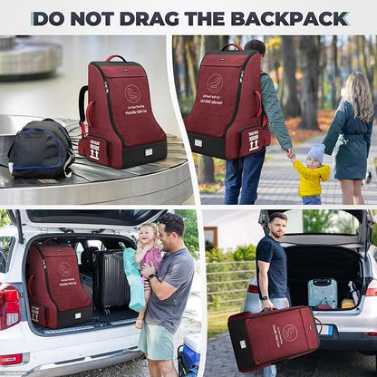 RAINSMORE Padded Car Seat Travel Bag for Airplane Heavy Duty Car Seat Backpack for Air Travel Baby Carseat Cover Bags for Airport Large Car Seats Carrier Fits Car Seats & Booster Seats,Red