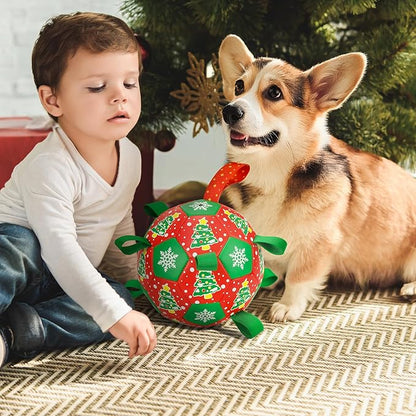 Christmas Soccer Ball Dog Toy With Straps for Interactive Play and Tug of War - Christmas Tree & Snowflower Pattern for Small, Medium, Big Dogs (8 Inches)