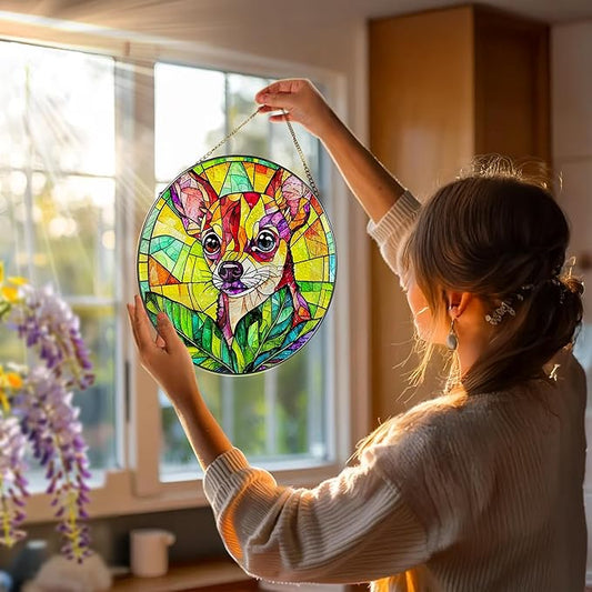 8″ Stained Glass Window Hanging Ornament, Vibrant Chihuahua Stained Glass Suncatcher Ornament, Sun-Catcher Window Decor | Gifts for Dog Lovers, Dog Lover Gift, Pet Lover Gift