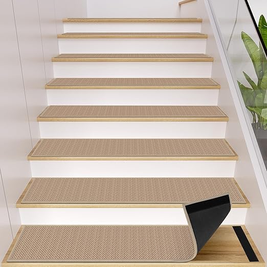 GOYLSER Peel and Sticker Jute Stair Treads Non Slip for Wooden Steps Indoor, 15 Pack Rubber Backed Stair Pads Rug, Removable Khaki Adhesive Staircase Mat Step Cover
