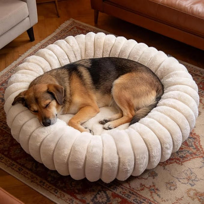 Donut Dog and Cat Bed, Luxurious Comfortable Faux Rabbit Fur Pet Beds, Round Anti-Anxiety Calming Puppy Kitten Bed with Anti-Slip Bottom for Small Medium Large Dogs & Cats(36", White)
