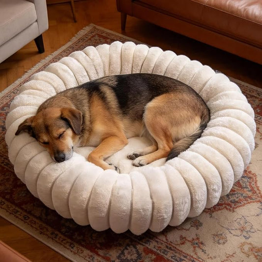Donut Dog and Cat Bed, Luxurious Comfortable Faux Rabbit Fur Pet Beds, Round Anti-Anxiety Calming Puppy Kitten Bed with Anti-Slip Bottom for Small Medium Large Dogs & Cats(36", White)