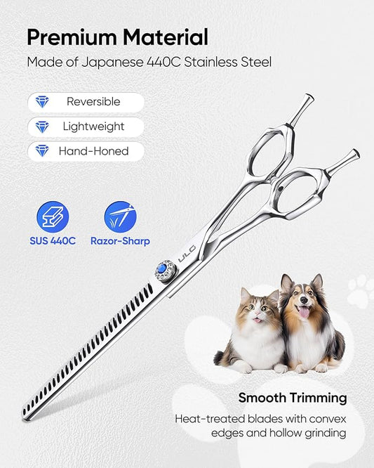 ULG Straight Chunker Dog Shears for Grooming, 7 Inch Professional Straight Chunker Dog Grooming Scissors for Thinning and Cutting, 65%-75% Rate 440C Stainless Steel Pet Hair Scissors