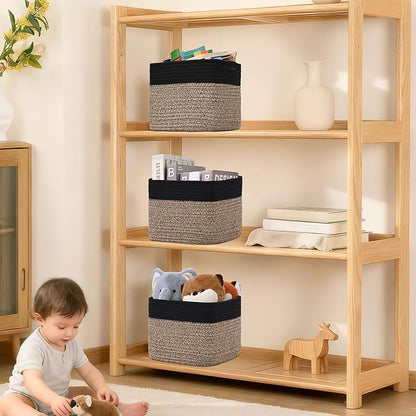 3 Pack Cube Storage Bin, 9”x9”x7” Cotton Rope Woven Baskets for Organizing Toys Clothes Towels, Square Gift Storage Baskets for Shelves, Nursery, Closet, Bathroom, Pantry (Black & Brown)