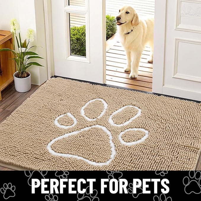 Smiry 2 Piece Dog Door Mat for Muddy Paws, Absorbent Dirt Trapper Non Slip Quick Dry Washable Chenille Mat for Mud Dogs, Entry Rug for Indoor and Outdoor (36x24 Inches, Beige)
