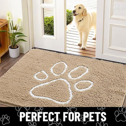 Smiry 2 Piece Dog Door Mat for Muddy Paws, Absorbent Dirt Trapper Non Slip Quick Dry Washable Chenille Mat for Mud Dogs, Entry Rug for Indoor and Outdoor (36x24 Inches, Beige)