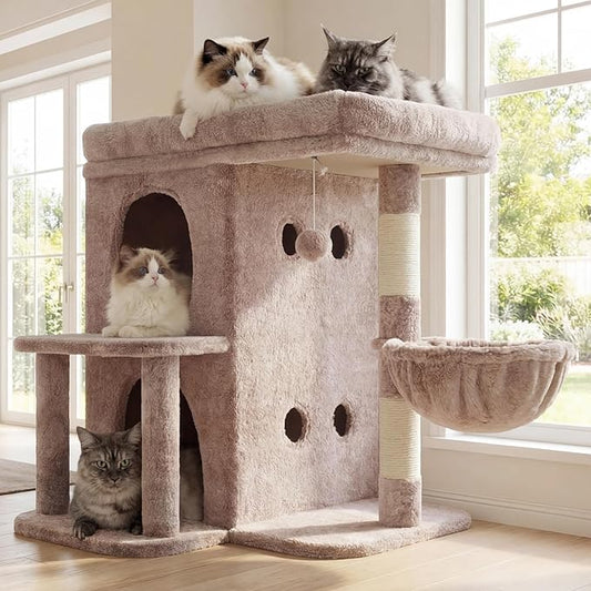 Heybly Cat Tree, 25.6-inch Cat Tower with Spacious Top Perch for Large Cats, Stair-Style Cat House Furniture with Dual-Layer Condos, Sisal Scratching Posts, Cozy Basket & Pompom, Muchroom HCT204SMU