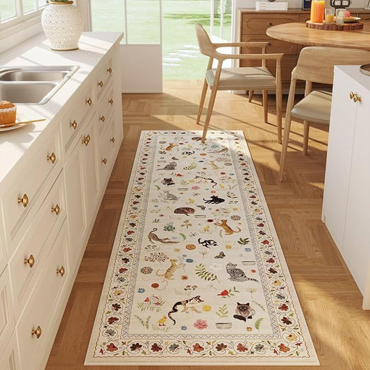 Rugcomf 2x5 Runner Rug - Floral Cat Machine Washable Kitchen Rug, Non-Slip Low Pile Boho Carpet for Hallways, Laundry, Entryway, Bedroom, Bathroom - Beige