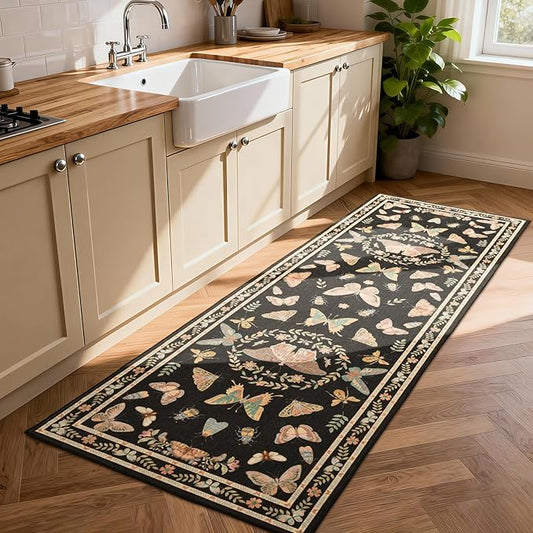 Unirea 2x6 Black Runner Rug, Washable Non Slip Insect Botanical Rug for Hallway, Kitchen, Bathroom, Laundry Room, Entryway, Bedroom, Soft Boho Door Mat Indoor Entrance Bug Rugs, Low Pile Carpet