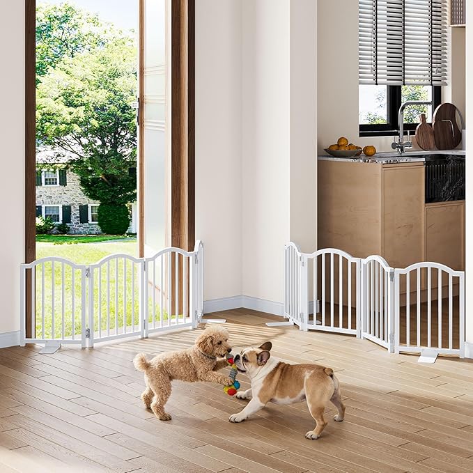 Snughome 2 Pack Short Dog Gate Indoor, 16" High Freestanding Small Dog Gates with Support Feet, Expand Up to 48’’Wide Foldable Pet Gate for Doorway, 8 Panel Pet Door Pet Fence for Puppy, White