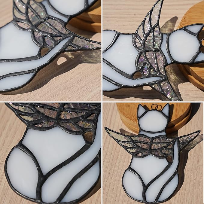 BOXCASA Angel Cat Memorial Gifts for Women,Stained Glass Window Hanging Decorations,Angel Wings White Cat Suncatcher Decor,Pet Memorial Sympathy Gifts Decoration