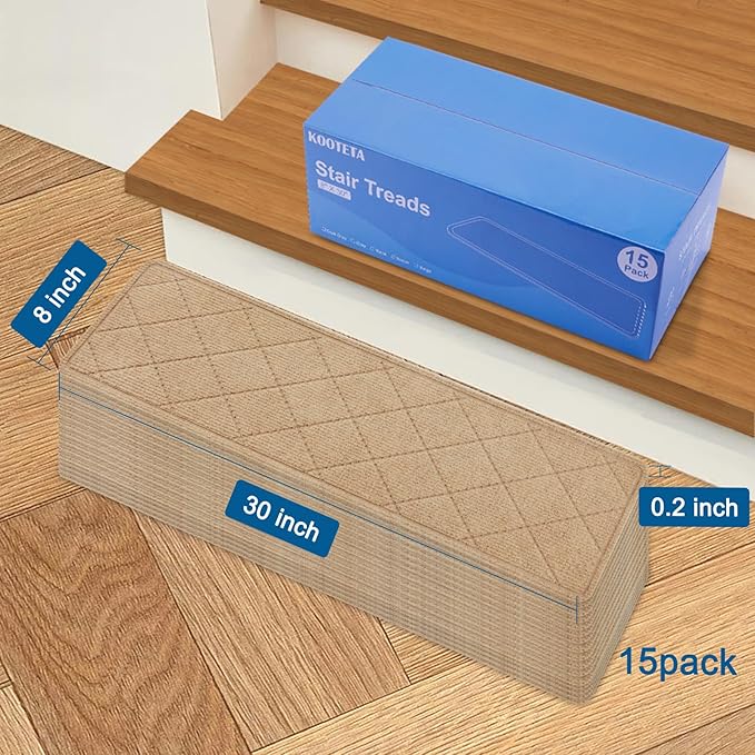Stair Treads for Wooden Steps Indoor, 7 Pack 8" X 30" Non Slip Carpet Stair Treads with Reusable Adhesive for Kids Elders and Dogs, Surface Polyester TPR Backing Stair Rugs, Beige