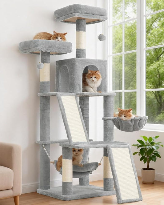 Gitelsnour Multi-Level Cat Tree for Indoor Cats, Cat Tower with 2 Scratching Boards, 2 Plush Padding Platforms, Cat Condo House with Hammock, Basket, Light Gray GCT022W