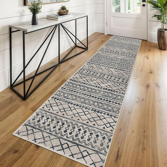 KUTA Boho Runners for Hallways 2x8 Light Brown Black Moroccan Washable Runner Rug Non-Slip Vintage Kitchen Rugs Ultra Soft Distressed Geometric Floor Carpet for Bedroom Laundry Living Room
