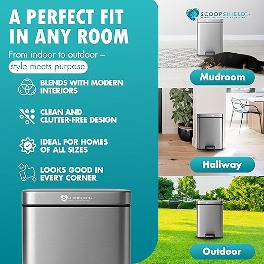 6L Outdoor and Indoor Pet Waste Container, (with one Charcoal Filter), Stainless Steel Can. Lid Opens with Push Step. 12 in x 10 in x 8 in Dimension.
