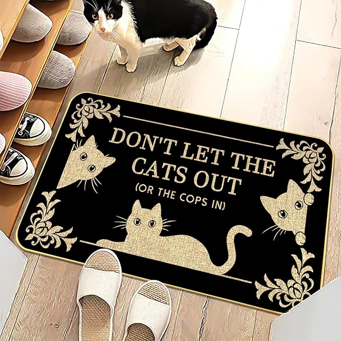 Funny Cat Welcome Mat “Don’t Let The Cats Out or The Cops in” Doormat, 29"x17" Non-Slip Indoor Outdoor Rug for Front Porch or Entryway, Cat Lover Gift