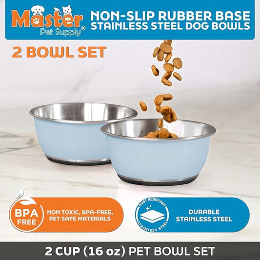 Master Pet Supply Stainless Steel Dog Bowls Set of 2 (16 Oz Each) with Non-Slip Rubber Base - Glacier Blue - Basic Dog Food Bowl Water & Food Bowls for Small Medium Large Dogs & Cats, Metal Dish
