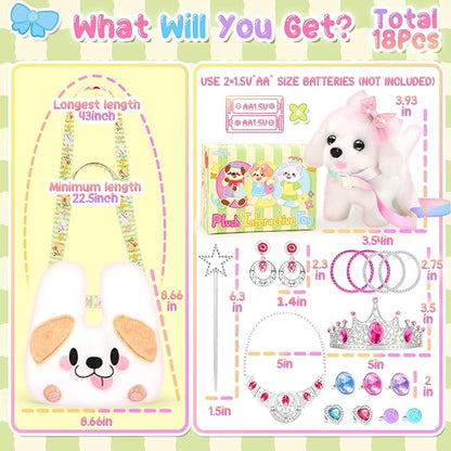 Plush Dog Toys for Kids with Crossbody Bags Princess Jewelry, Robot Puppy with Leash Walking Barking, Pretend Play Dress Up Interactive Stocking Stuffers for Toddler Girl Toys Birthday Gifts