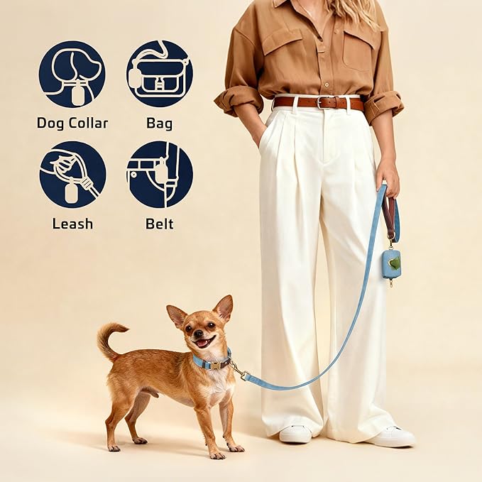 Didog Classic Dog Poop Bag Holder, Easy-Pull and Elegant PU Leather Pet Waste Bag Dispenser for Leash with Carabiner Clip, Includes 1 Roll Dog Waste Bag for Daily Walking,Denim Blue