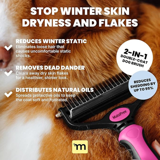 MalsiPree Dog Brush for Shedding - 2 in 1 Undercoat Rake Deshedding Tool for Medium to Large Double-Coated Dog Grooming - Pet Dematting Comb - Pet Deshedder (Pink)