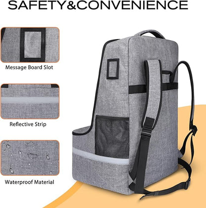 LARIPOP Car Seat Travel Bag for Airplane Gate Check Approved, Padded Backpack with Adjustable Straps, Reflective Strips & Protective Feet for Infant Convertible Booster Seats, Grey