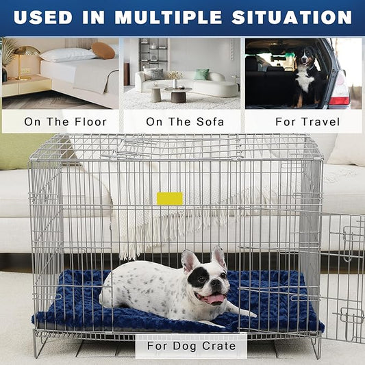 Washable Dog Bed Mat Soft Dog Crate Pad Fluffy Pet Kennel Beds Sleeping Mattress with Non-Slip Bottom for Large Jumbo Medium Small Dogs, 47 x 29 Inch, Blue