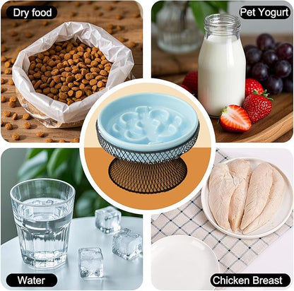 Elevated Ceramic Cat Slow Feeder Bowl Raised Cat Food Bowl with Stand, Detachable pet Bowl Design for Wet Food and Dry Food, Whisker Friendly Pet Puzzle Feeder for Kitten and Small Dog